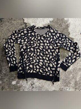 Leopard Print Crewneck Sweater with Side Zips - Black, taupe & glitter beige